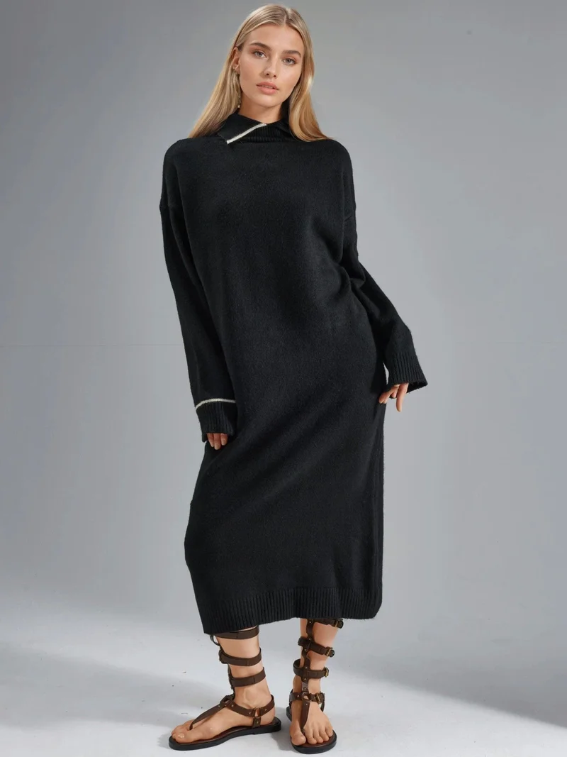 MY FASHION Polo Collar Ribbed Midi Knit Dress